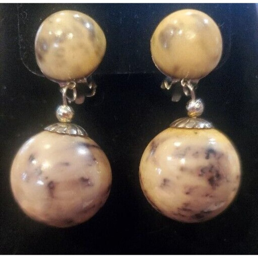 Vintage Statement Dangle Drop Earrings  Marble Ball Glass Bead Clip On 2"